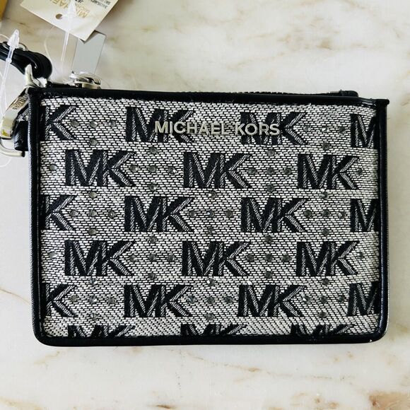 MICHAEL KORS Jet Set Black Cream Leather Small Coin Purse Card Wallet Wristlet - Picture 1 of 8